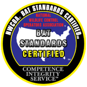 Bat Standards Certified logo from the National Wildlife Control Operators Association, emphasizing pest control expertise in bat removal services.