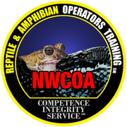 Logo of NWCOA featuring a frog and snake, representing reptile and amphibian operators training, emphasizing competence, integrity, and service in pest control.