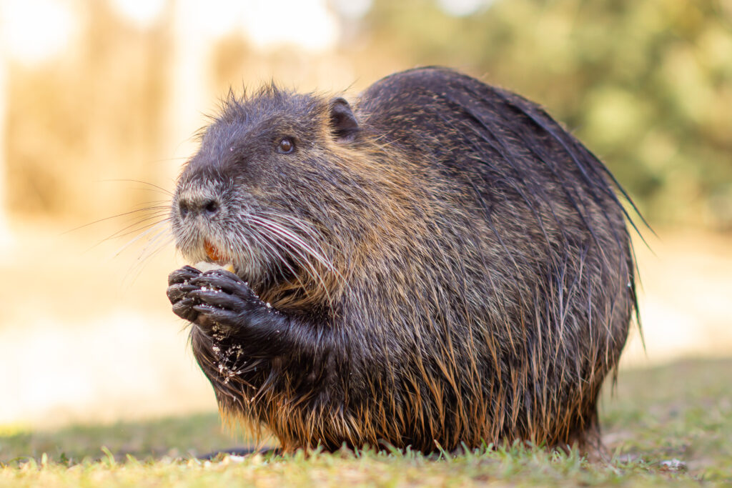 Nutria, also known as river rat, sitting on grass, showcasing its fur texture and front paws, relevant to wildlife removal services offered by Trapper Tim's.