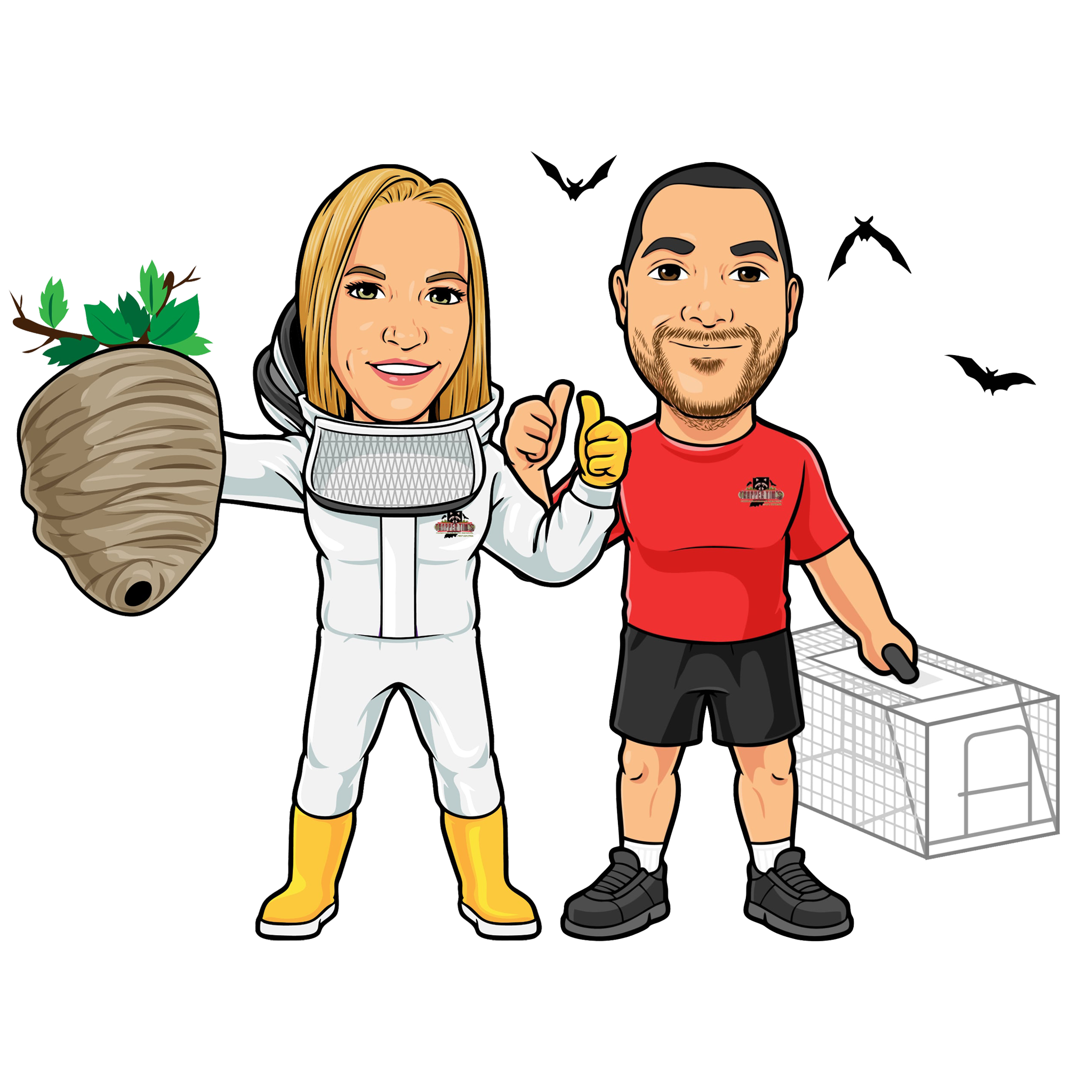 Cartoon characters representing Trapper Tim's, one in a beekeeper suit holding a beehive and the other giving a thumbs up with a wildlife trap, emphasizing humane wildlife removal and pest control services.