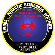 Zoonotic Standards Certified logo from the National Wildlife Control Operators Association, emphasizing competence and integrity in wildlife pest control services.